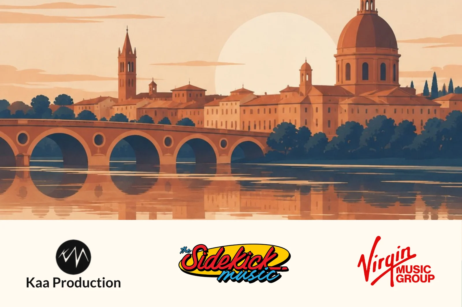 Illustration de Toulouse avec les logos KAA Production, Sidekick Music et Virgin Music Group